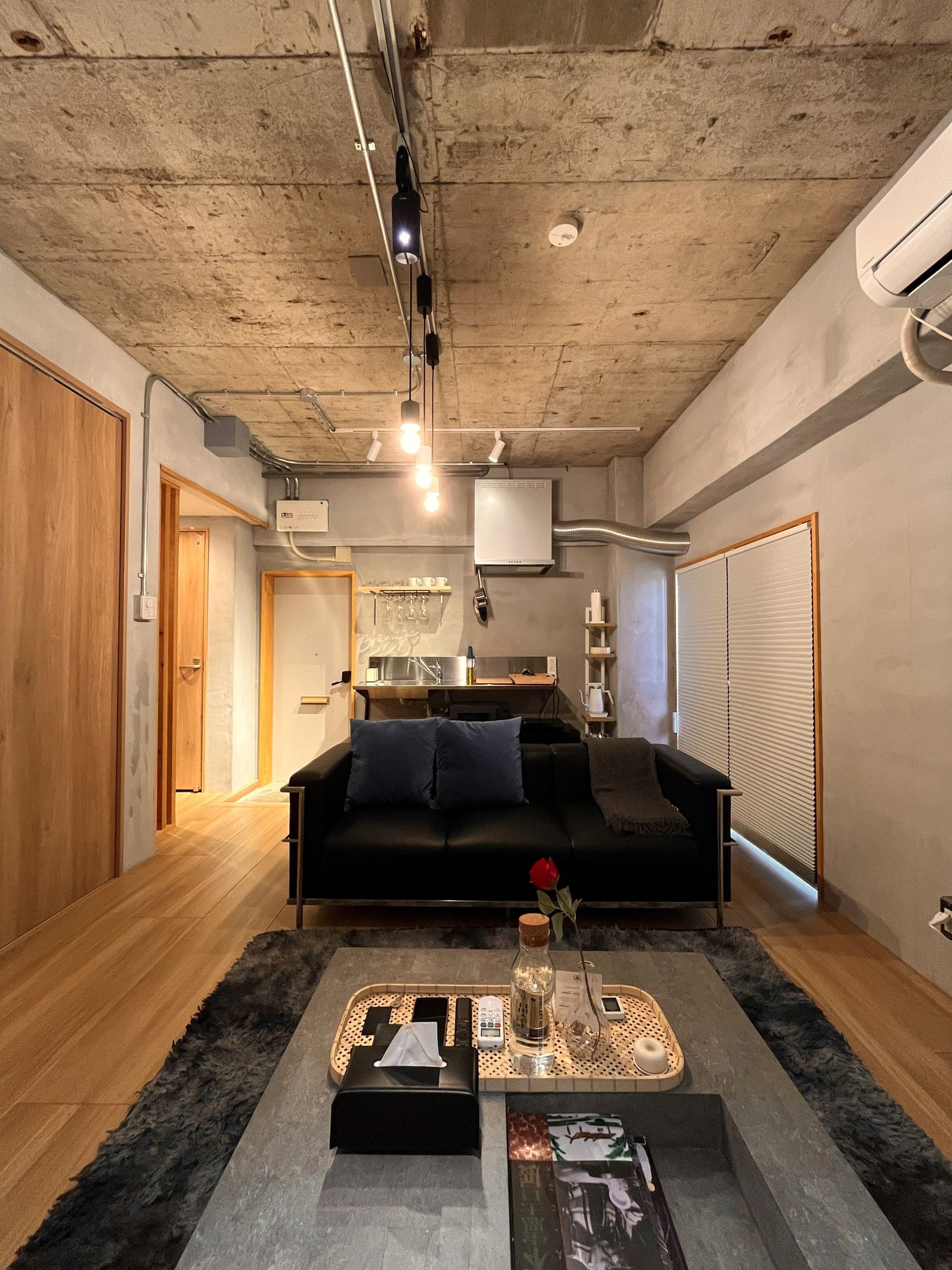 Dark loft lounge with a black leather sofa under an exposed concrete ceiling and track lighting