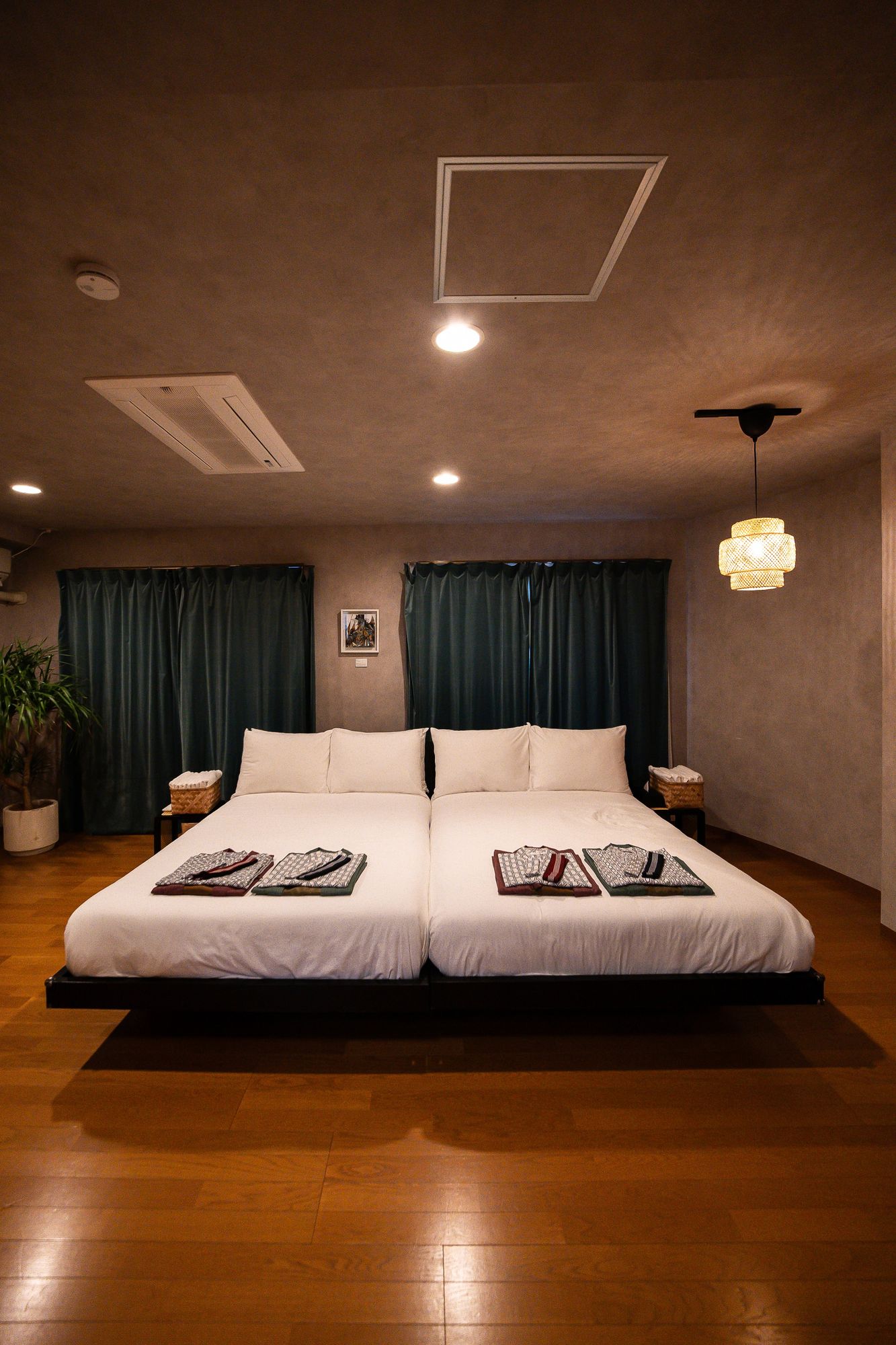 Bedroom under warm pendant light