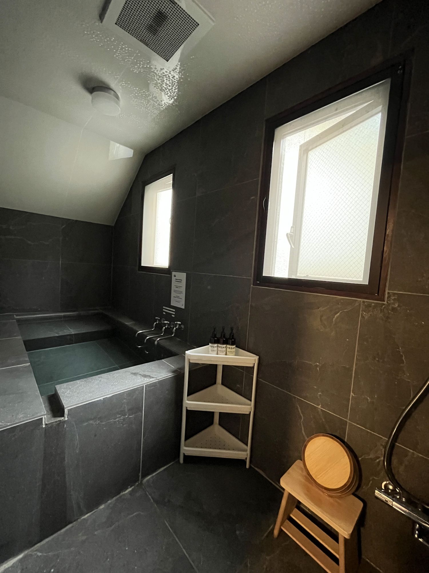 Dark stone bathroom with a deep soaking tub