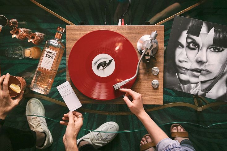 Overhead view of a vinyl record spinning on a turntable